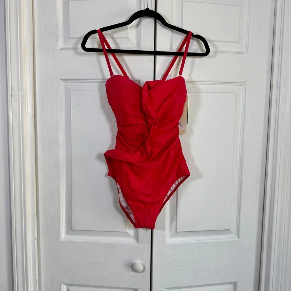 PROFILE BY GOTTEX TUTTI FRUTTI BANDEAU RUFFLE ONE‎ PIECE SWIMSUIT Red Rose 6